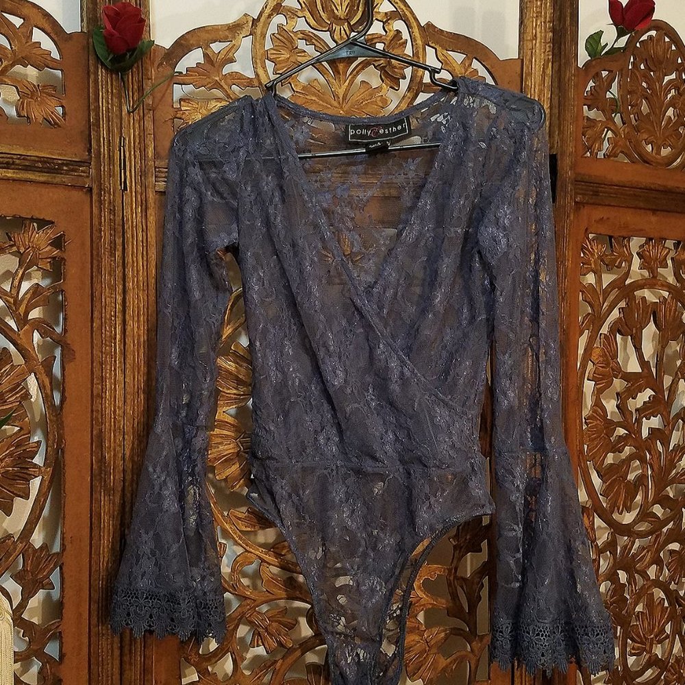 blue lace bell sleeve bodysuit